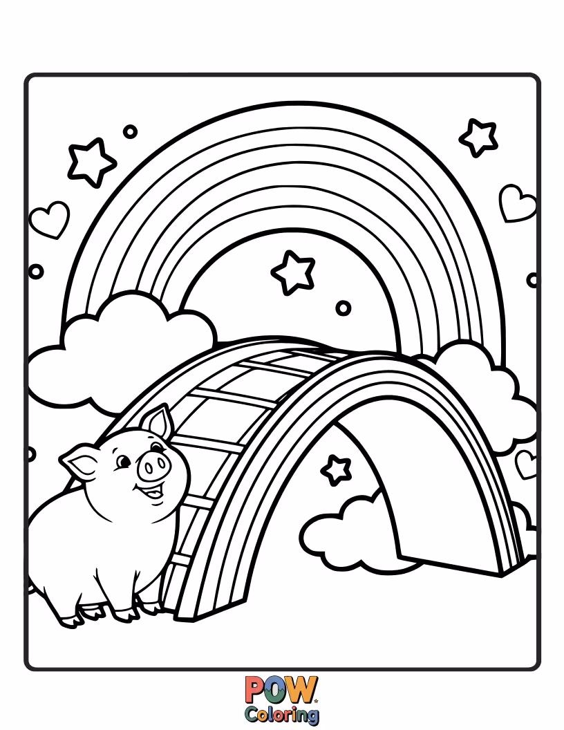 Free coloring page of A pig walks across a magnificent rainbow bridge, leading to a magical land.