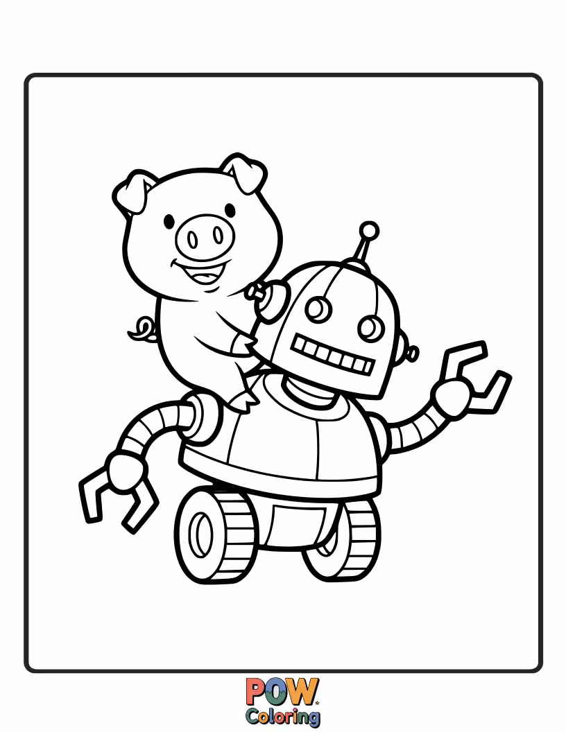 Free coloring page of A friendly pig plays with a cute, whimsical robot, sharing a moment of fun.