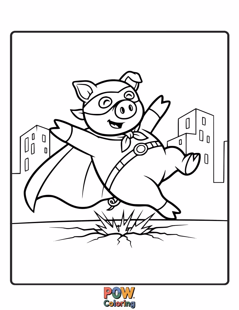 Free coloring page of A heroic pig in a cape strikes a superhero pose after a daring rescue.
