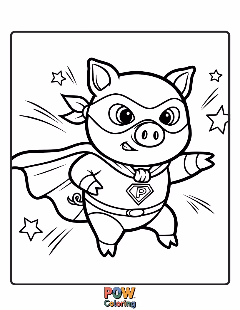 Free coloring page of A small pig in a cape acting as a cute sidekick to an unseen hero.