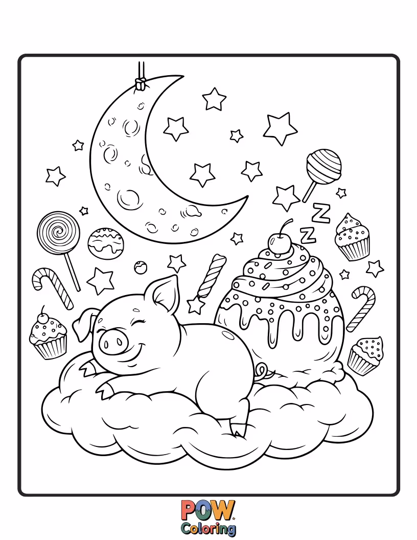 Free coloring page of A sleeping pig dreams of a world made entirely of delicious ice cream.