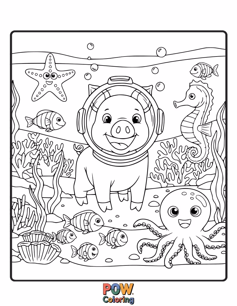 Free coloring page of A curious pig wears a snorkel and mask, exploring a vibrant coral reef.
