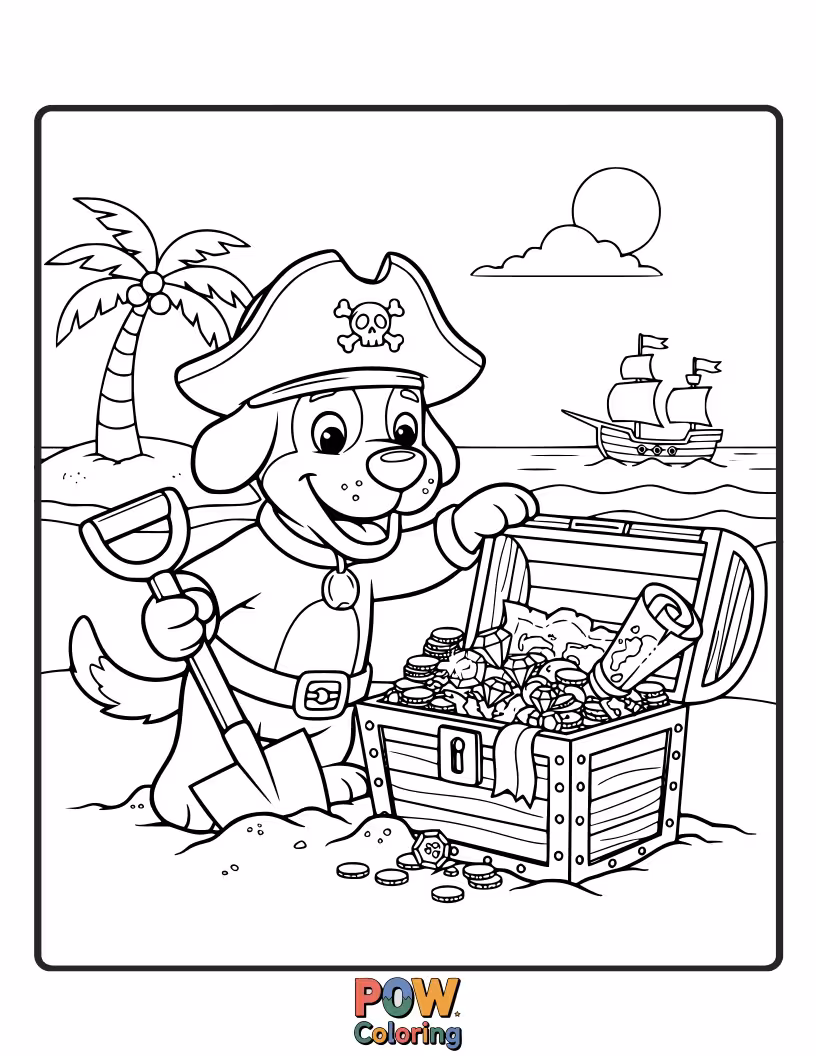 Free coloring page of A happy, scruffy dog buried nose-deep in a pile of dog bones, thinking it's pirate gold.