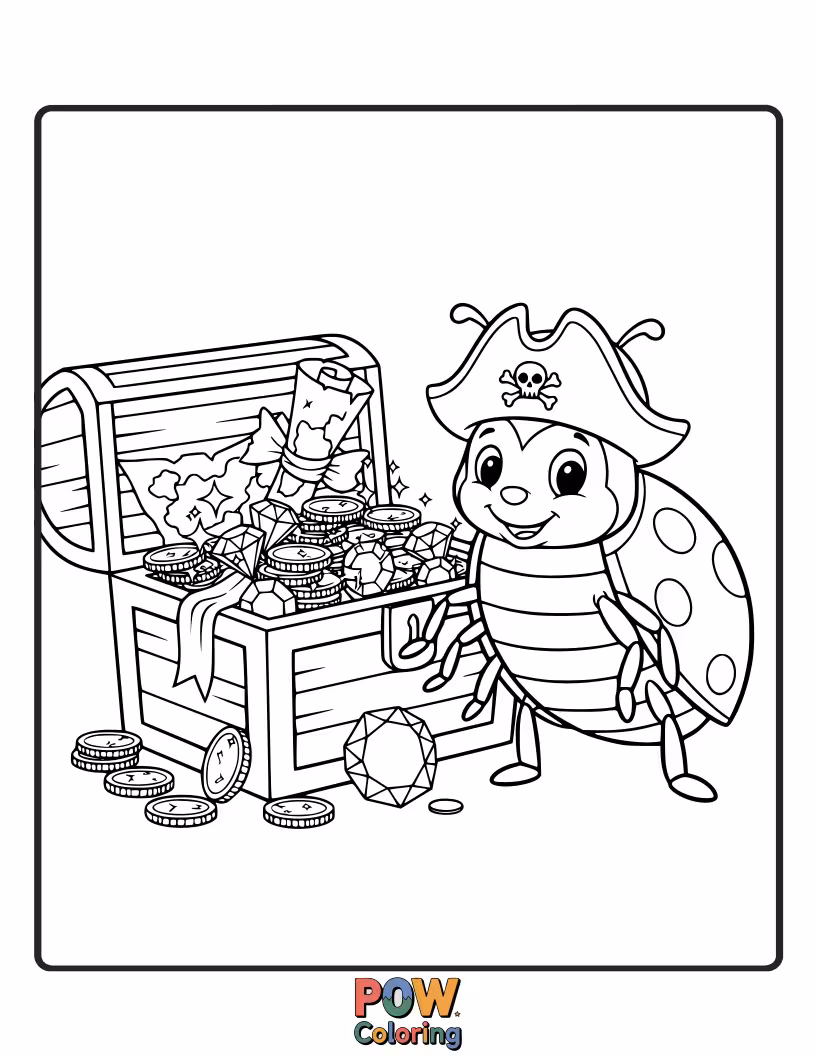 Free coloring page of A tiny ladybug pirate with a polka-dot bandana, balancing a shiny bead like treasure.