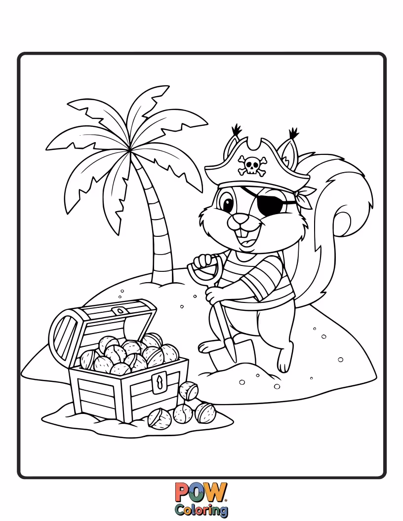 Free coloring page of A squirrel pirate burying acorns in a tiny treasure chest, convinced they are pirate riches.
