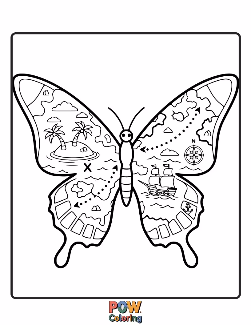 Free coloring page of A swashbuckling butterfly with treasure map wings, searching for hidden gems amongst colorful flowers and sparkling jewels.