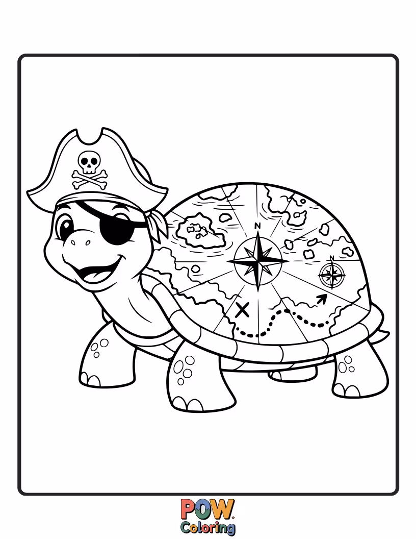 Free coloring page of A slow-moving pirate turtle with a treasure chest painted on its shell, carrying a tiny flag.