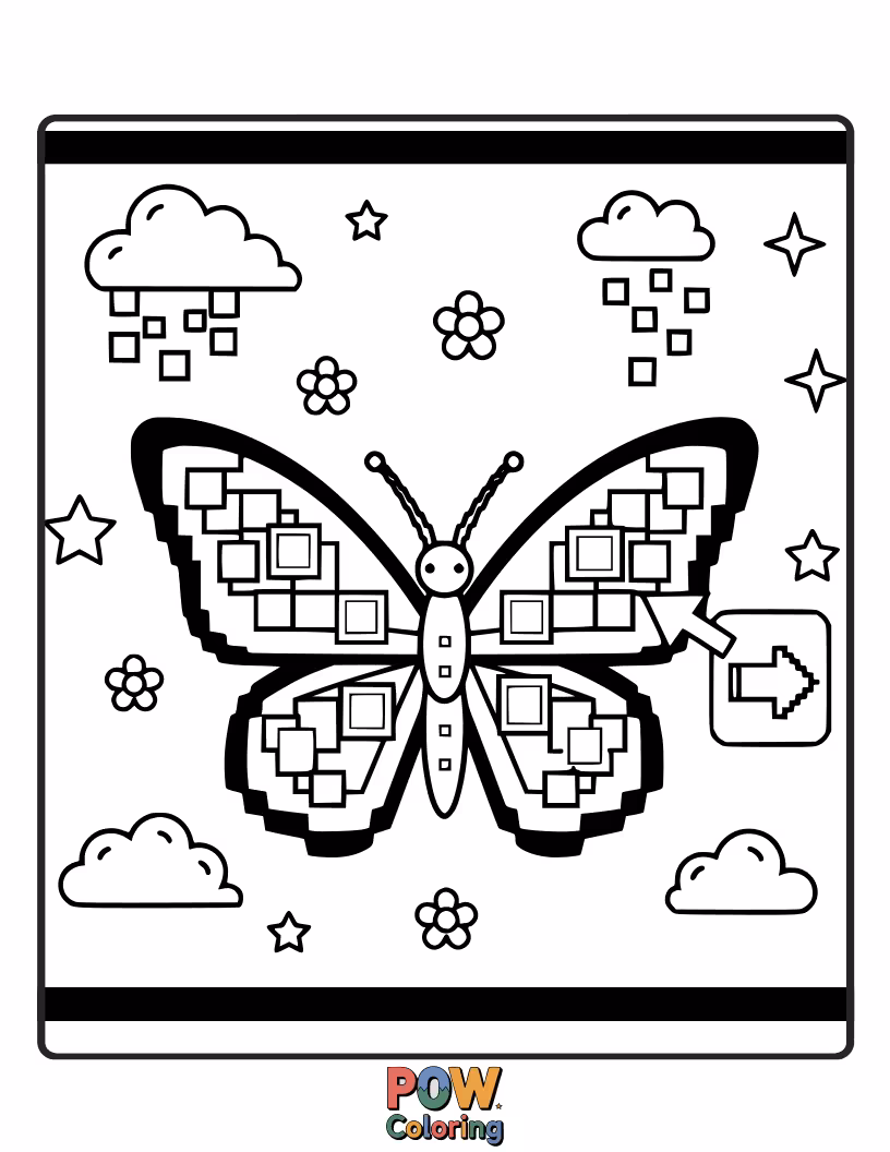 Free coloring page of A retro butterfly with pixelated wings, fluttering through a digital landscape reminiscent of classic video games. Level up!
