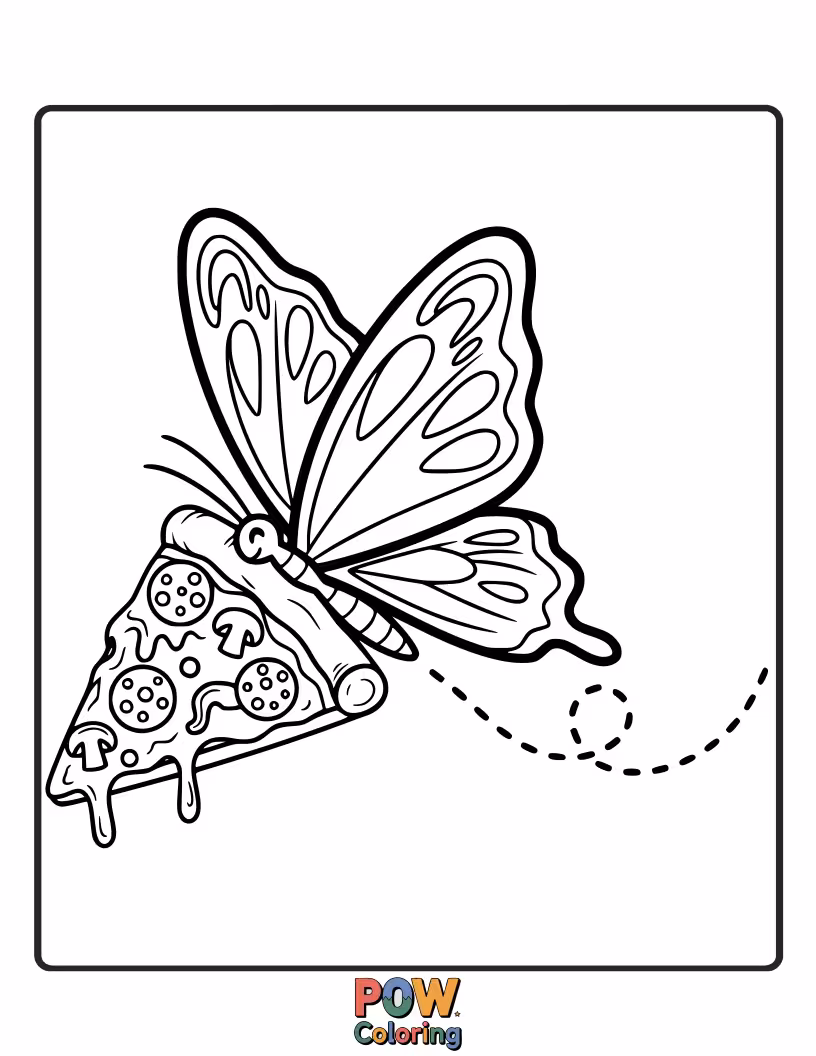 Free coloring page of A funny butterfly with wings resembling a pepperoni pizza slice, taking flight with a cheerful grin. Yum!