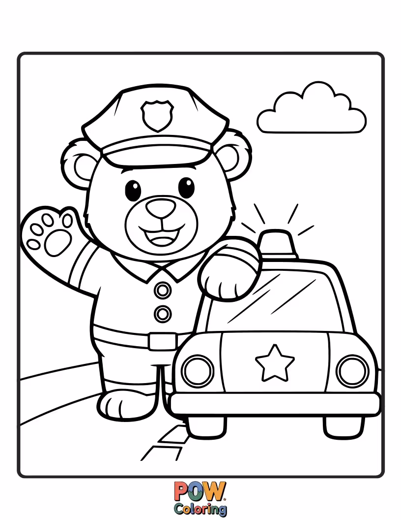 Free coloring page of A friendly bear police officer giving a high-five to a happy child.