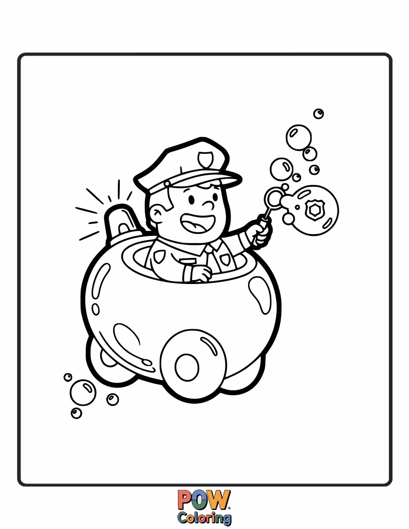 Free coloring page of A smiling officer blowing giant, colorful bubbles to brighten everyone's day.