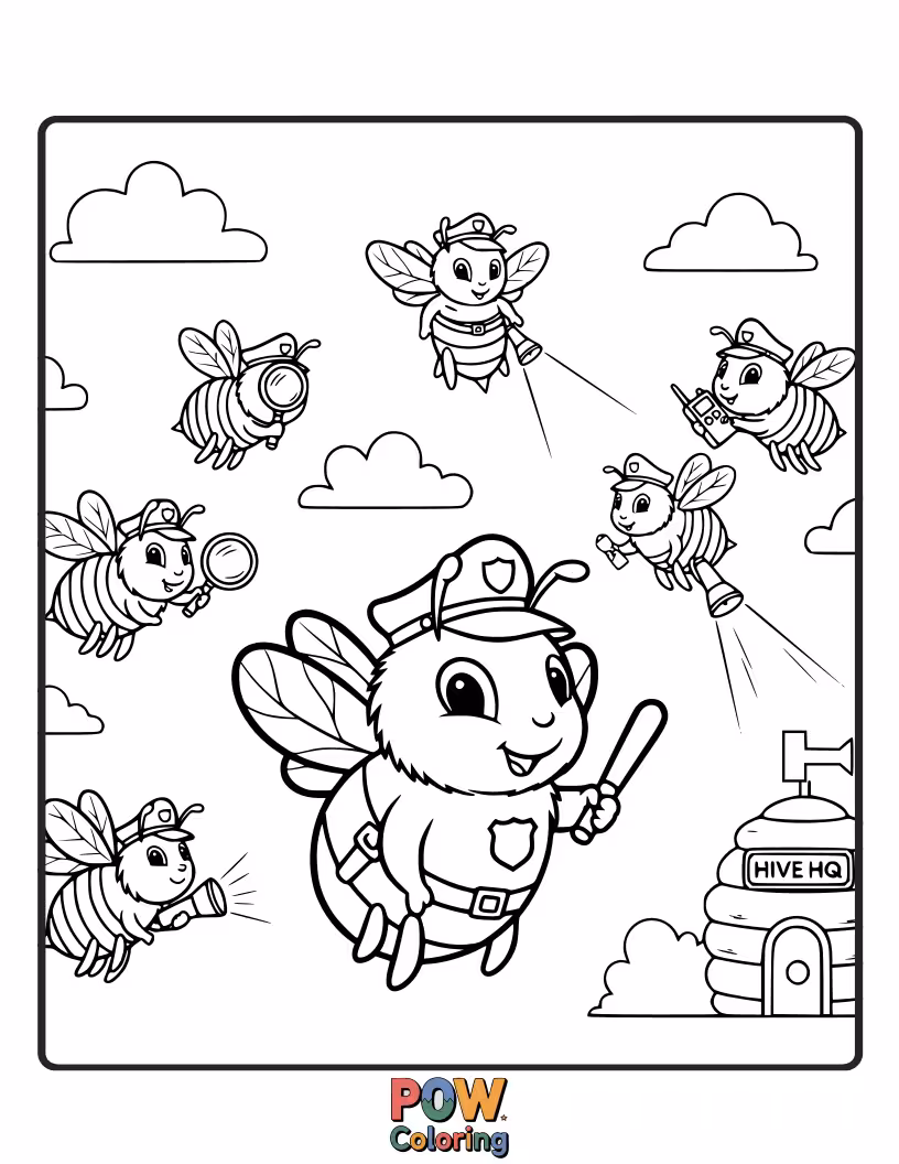 Free coloring page of Tiny police officers dressed as bumblebees, buzzing around to keep the flowers safe.