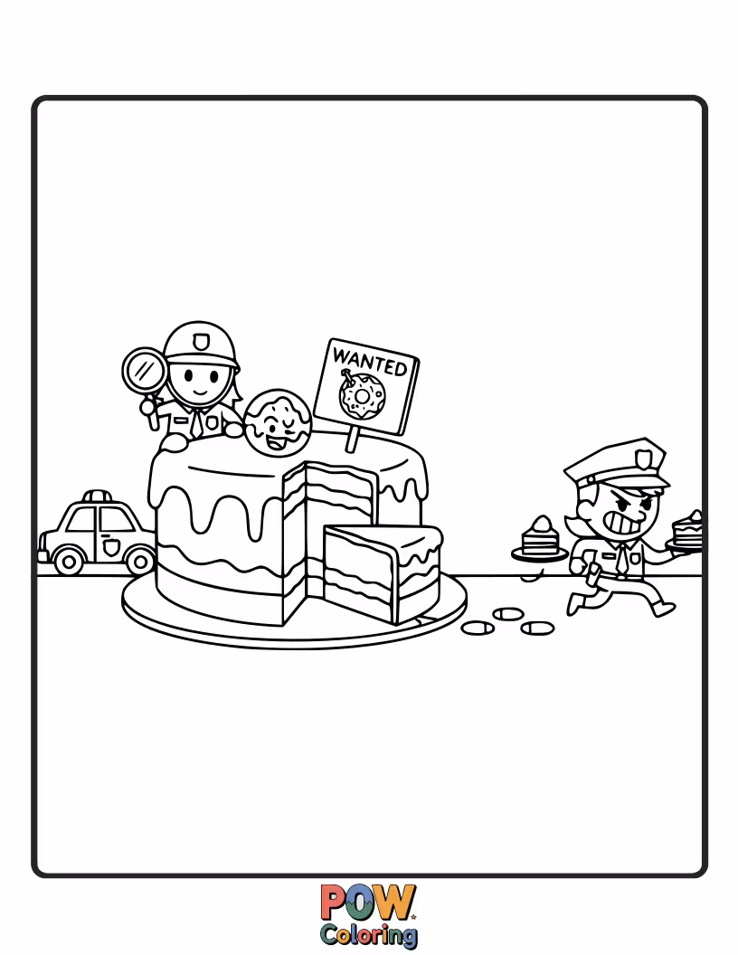 Free coloring page of A silly police officer trying to catch a runaway slice of cake.