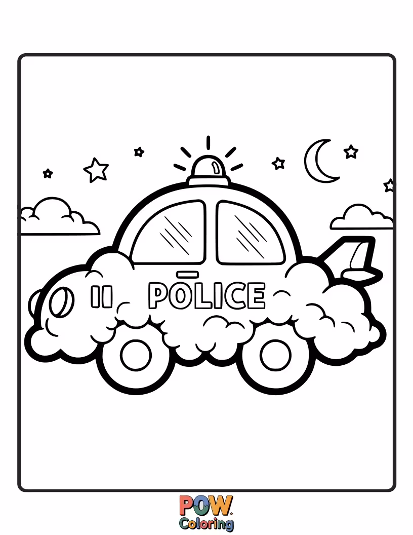Free coloring page of A police car floating on a fluffy cloud, keeping the sky safe and sound.