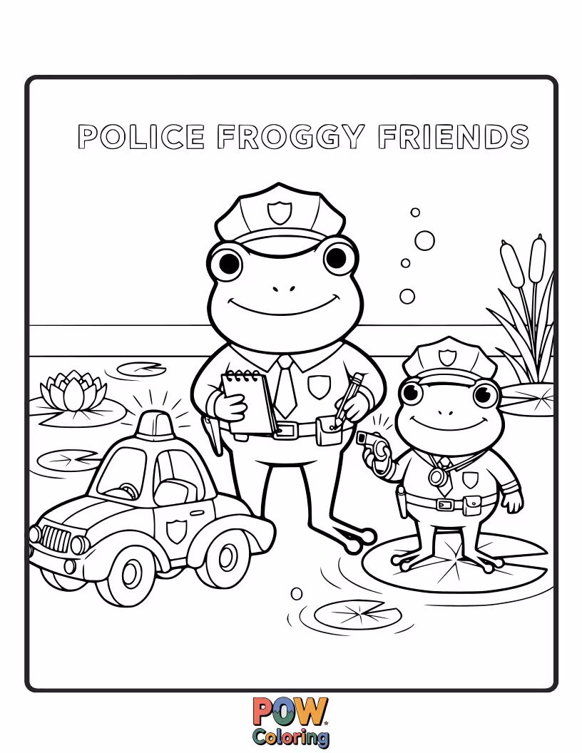 Free coloring page of Friendly frogs wearing police hats, hopping around a lily pad.