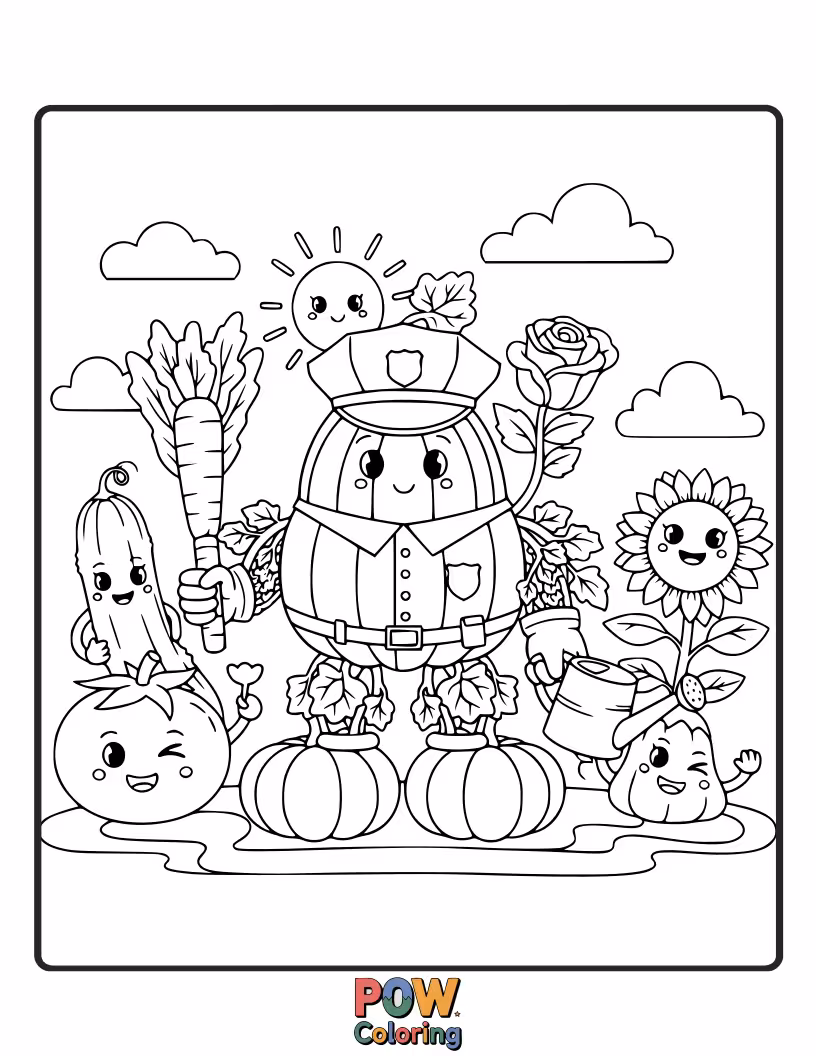 Free coloring page of A garden  police officer pose with their vegetable squad .