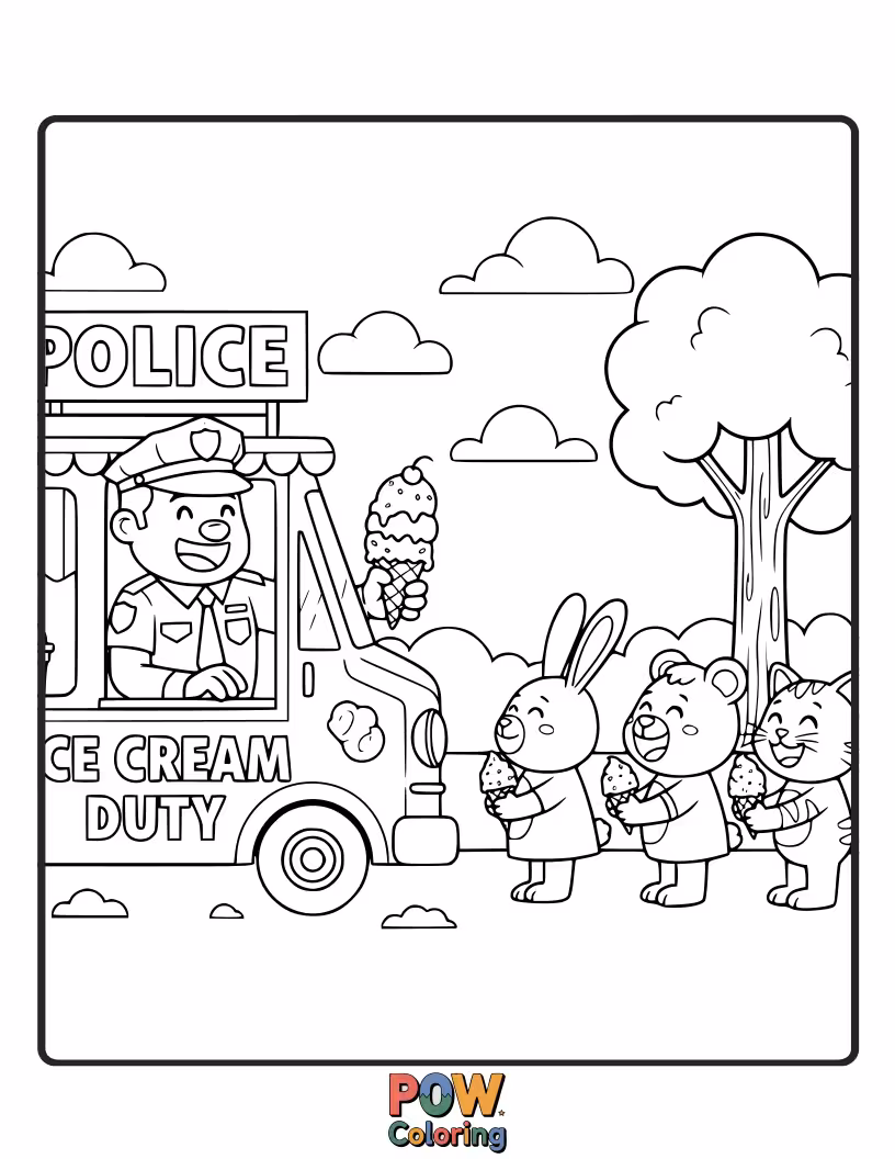 Free coloring page of A friendly police officer serving colorful ice cream cones to happy kids.