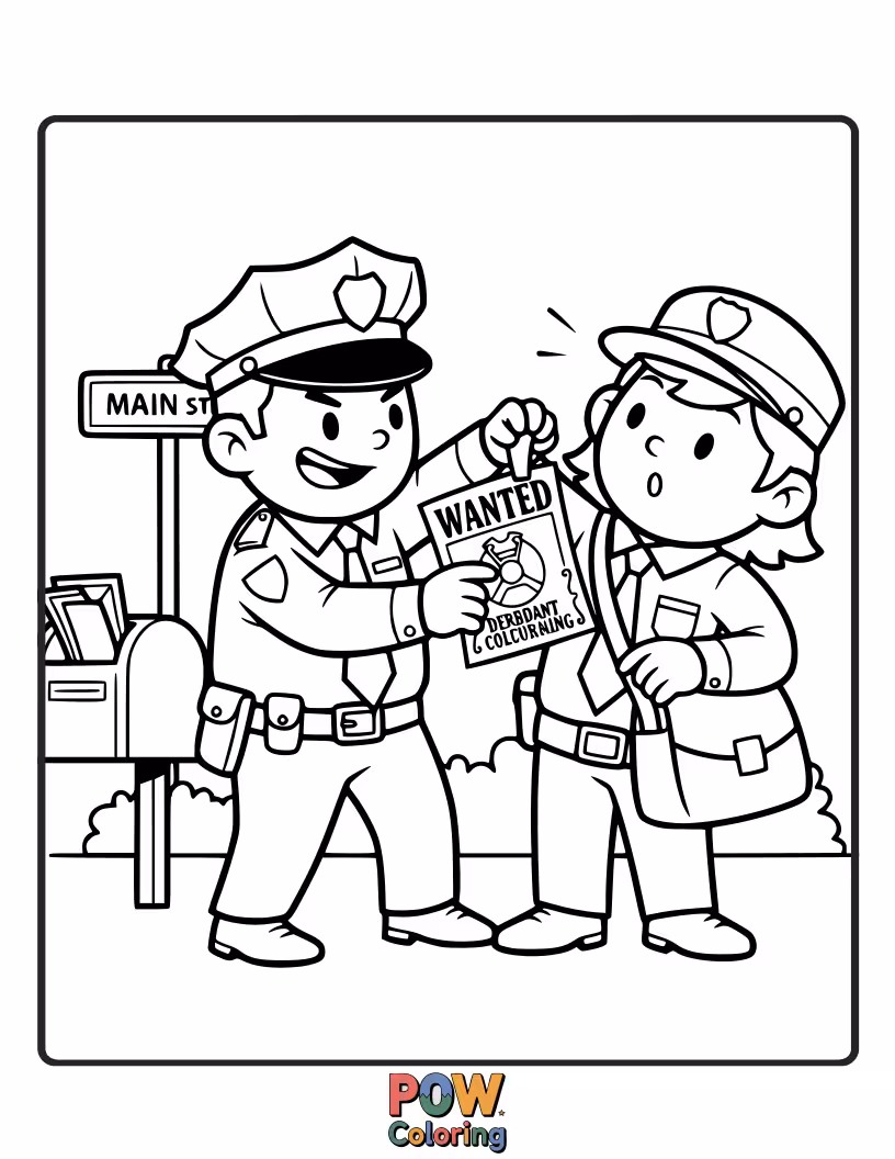 Free coloring page of A playful police officer peeking out of a mailbox, ready to deliver fun.