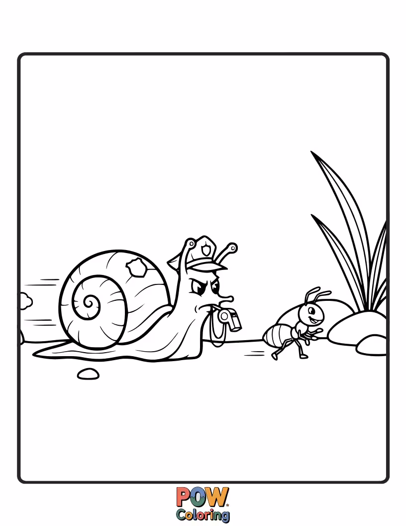 Free coloring page of A patient police officer gently escorting a very slow-moving, happy snail.