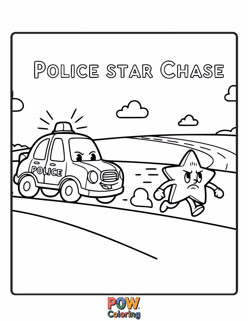 Free coloring page of A whimsical police car with starry wheels chasing a friendly comet across the night sky.