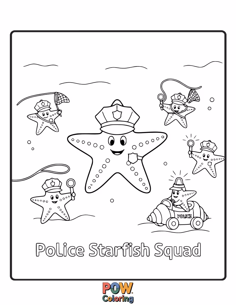 Free coloring page of Under-the-sea police officers, starfish, helping sea creatures stay safe and happy.