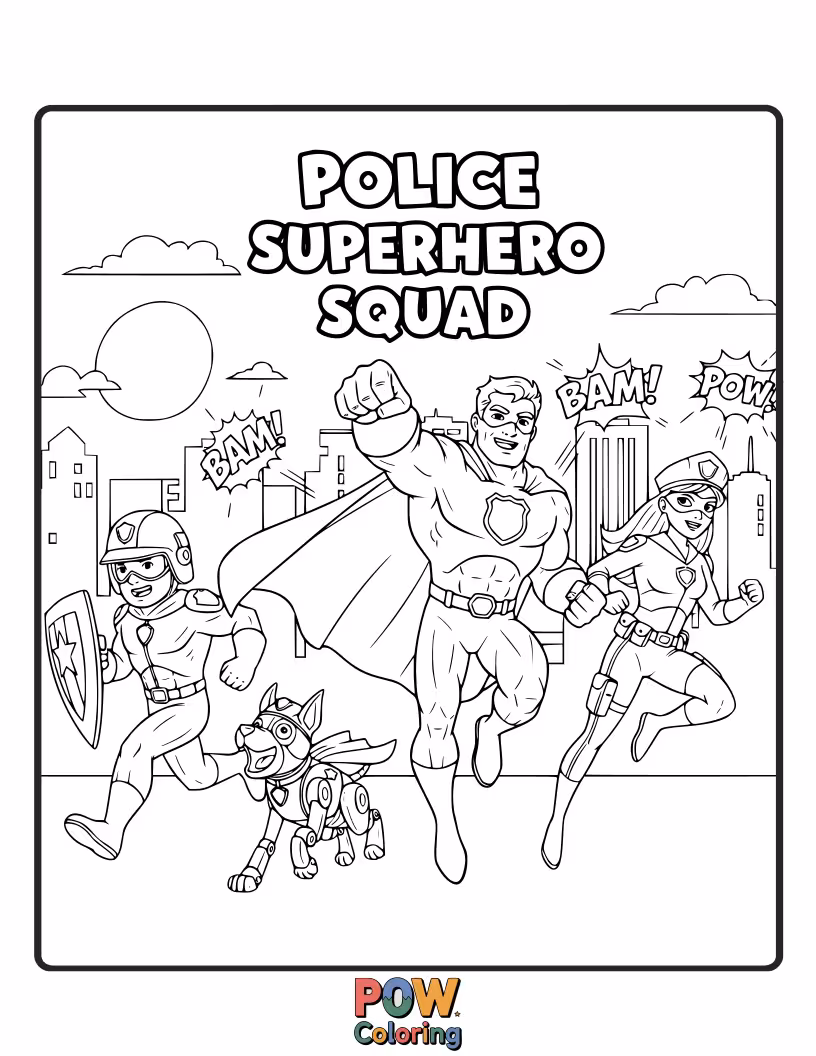 Free coloring page of Cute animal police officers with capes, ready to save the day with kindness.