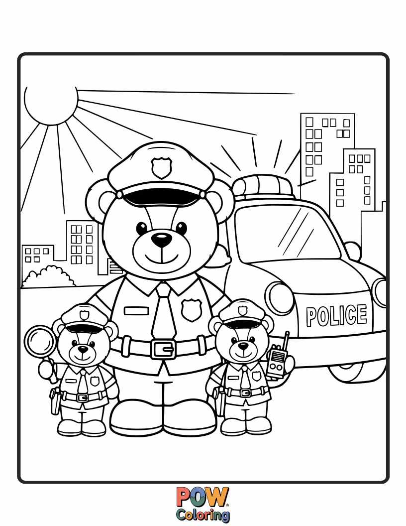 Free coloring page of Cuddly teddy bears in police outfits, standing guard with cheerful smiles.