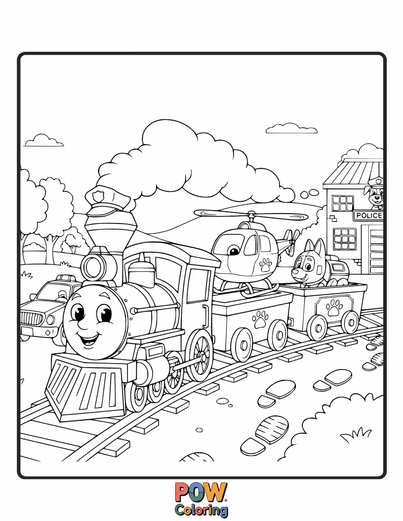 Free coloring page of A police train, chugging along, ensuring all the tracks are safe and sound.