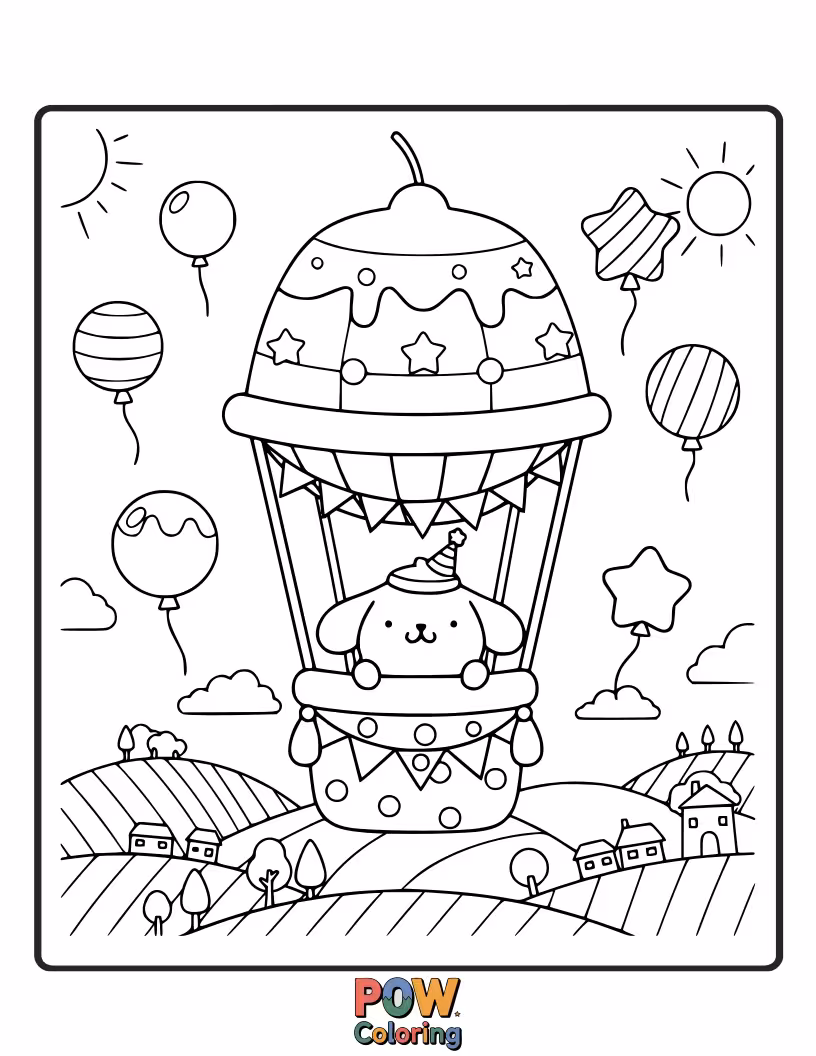 Free coloring page of Pompompurin floats high above the town, holding onto colorful balloons.
