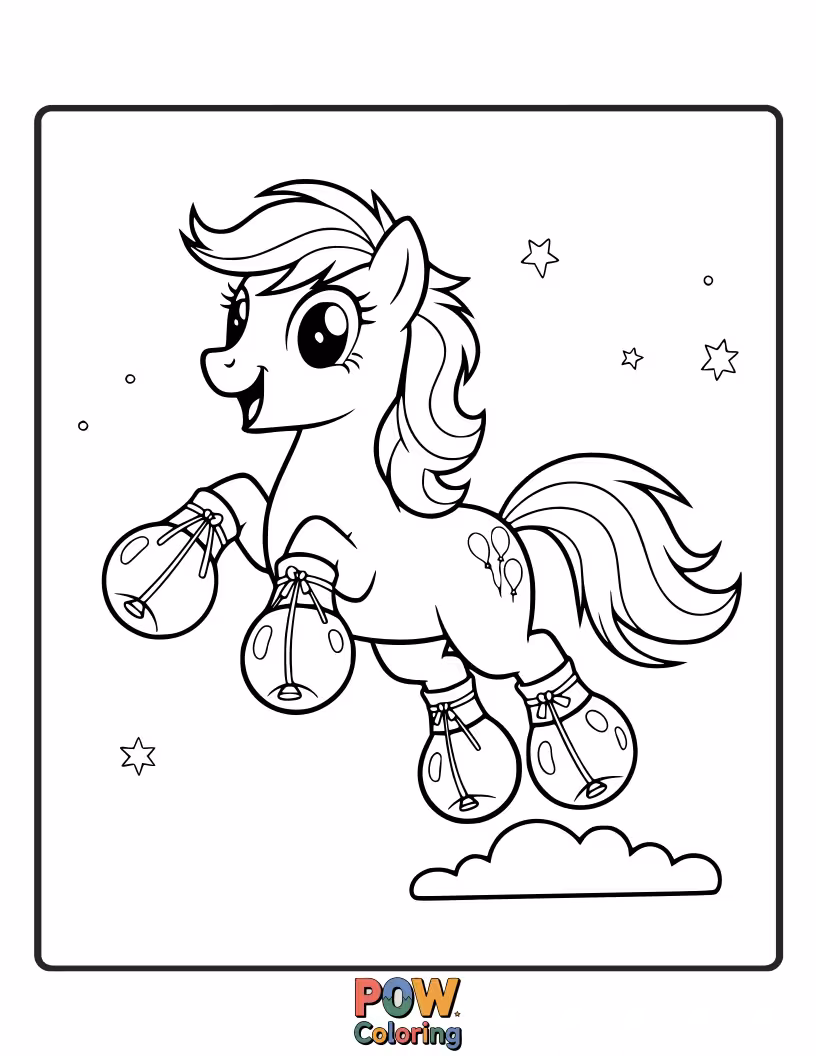 Free coloring page of A pony wearing shoes with balloons attached, floating slightly off the ground.