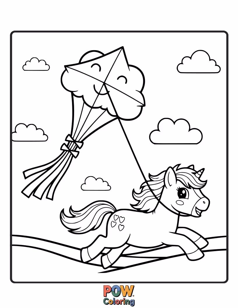 Free coloring page of A pony struggling to hold onto a kite that’s pulling it gently upwards.