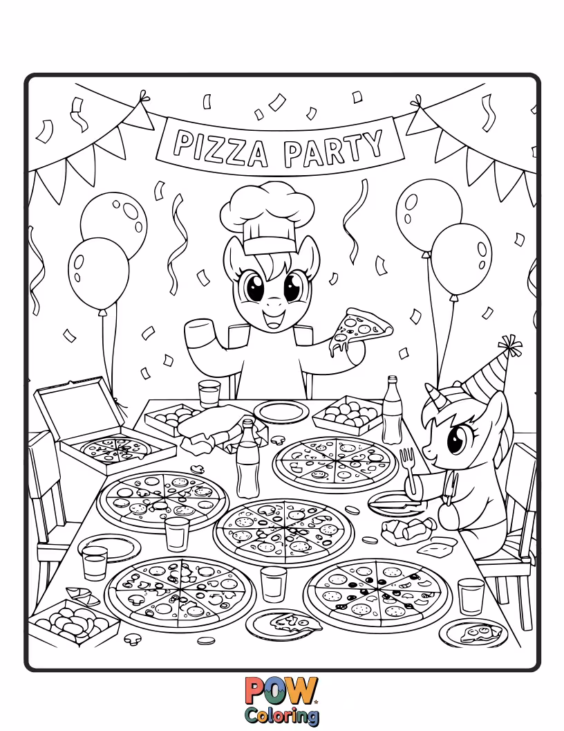 Free coloring page of A happy pony sharing a giant slice of pizza with a friendly pony.