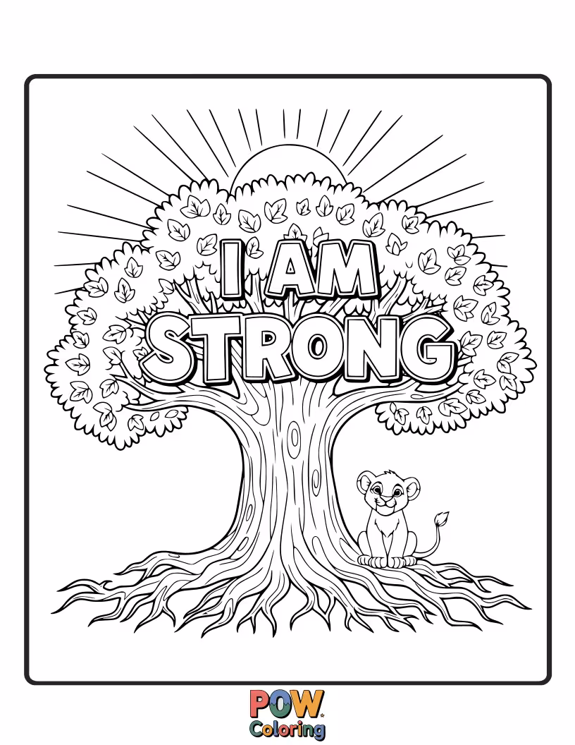 Free coloring page of A mighty oak tree with deep roots, representing resilience and the unwavering power within you.