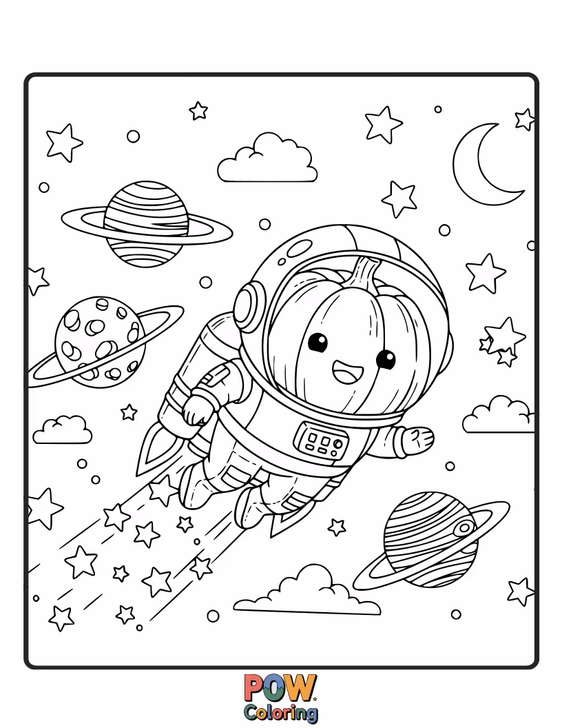 Free coloring page of A whimsical pumpkin wearing a space helmet, floating amongst twinkling stars and a smiling moon.