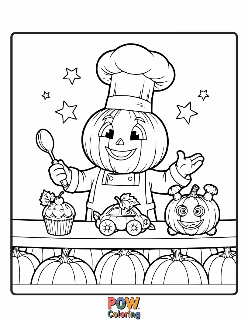 Free coloring page of A happy pumpkin in a chef's hat, joyfully decorating a delicious-looking pie with sprinkles.