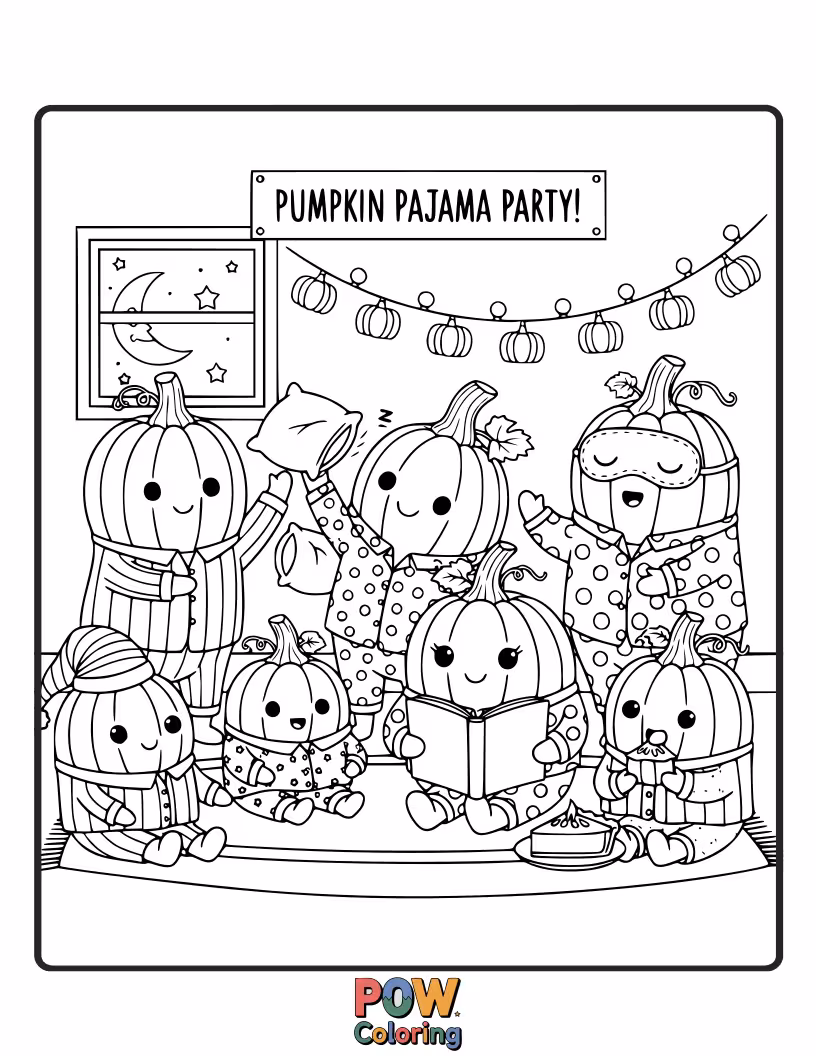 Free coloring page of A plump pumpkin dressed in comfy pajamas, ready for a cozy sleepover with tiny star confetti.