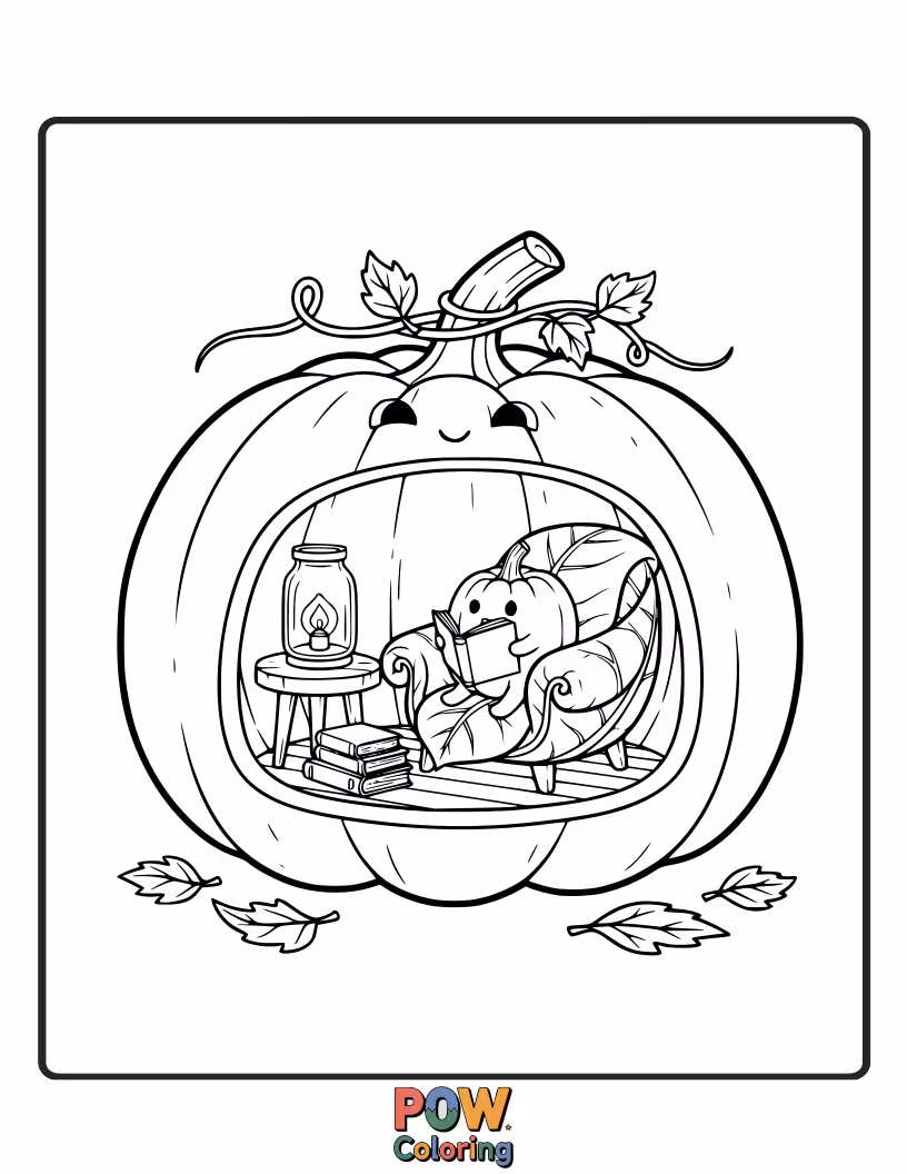 Free coloring page of A content pumpkin curled up with a book, wearing reading glasses and a contented sigh.