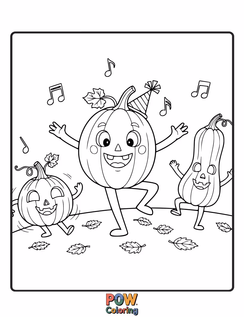 Free coloring page of A lively pumpkin with arms outstretched, doing a joyful dance amidst falling leaves.