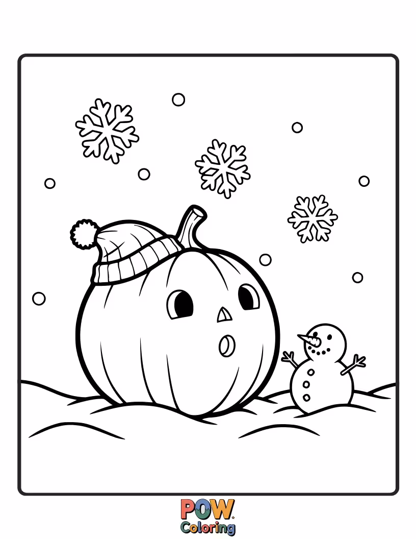 Free coloring page of A round pumpkin wearing a scarf and mittens, marveling at gentle snowflakes falling around it.