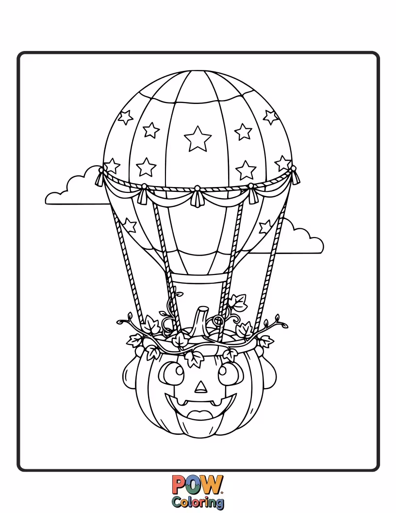 Free coloring page of A brave pumpkin floating in a whimsical hot air balloon decorated with autumn motifs.