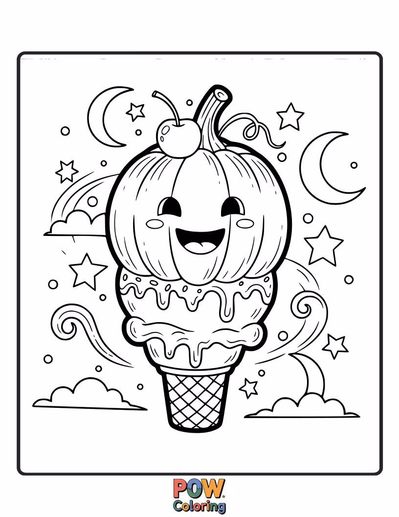 Free coloring page of A happy pumpkin with a face full of ice cream, enjoying a sweet treat.