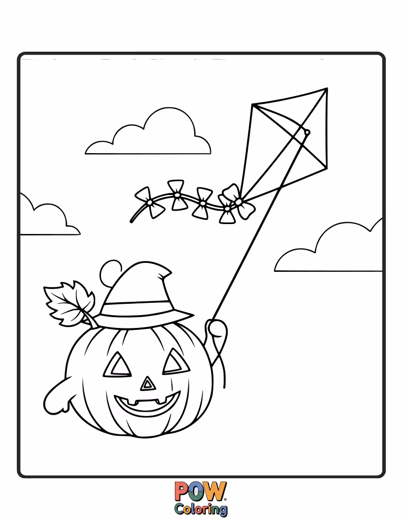 Free coloring page of A joyful pumpkin holding a string attached to a colorful kite soaring in the sky.