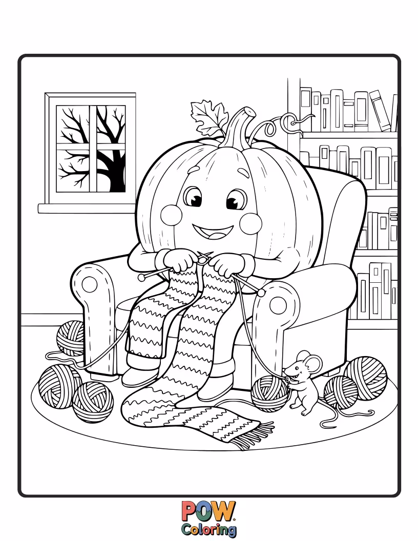 Free coloring page of A diligent pumpkin wearing spectacles, happily knitting a colorful scarf with yarn.