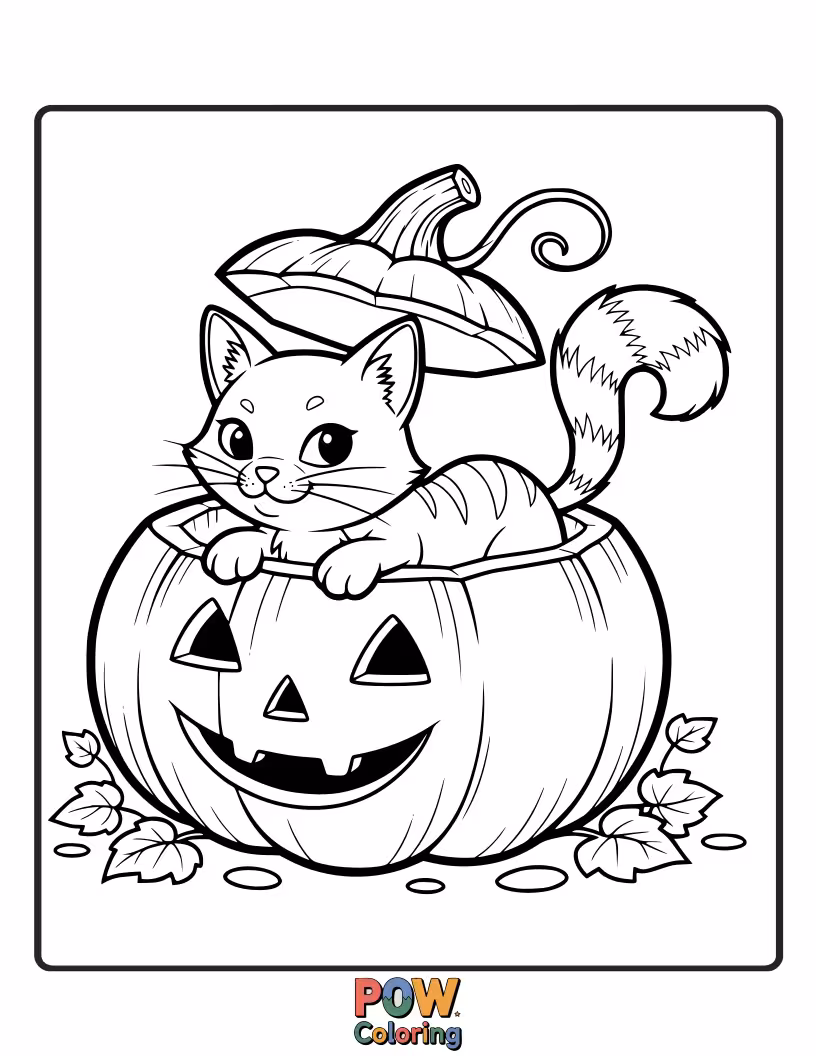 Free coloring page of A sweet pumpkin snuggled with a tiny, purring kitten on its lap.