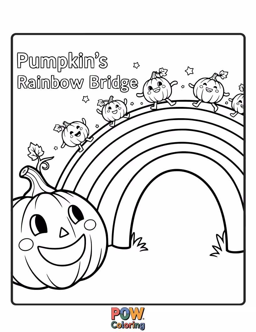 Free coloring page of A hopeful pumpkin walking across a vibrant rainbow bridge, leading to a sunny horizon.