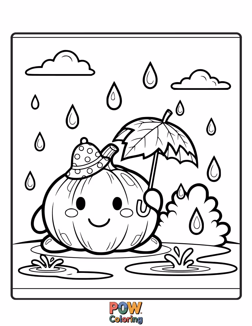 Free coloring page of A cheerful pumpkin under a polka-dot umbrella, watching gentle raindrops fall.