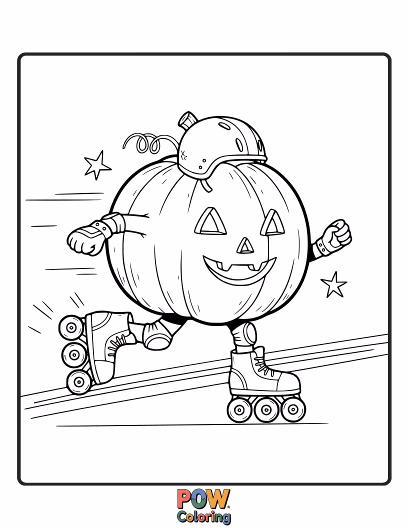 Free coloring page of A sporty pumpkin with wheels on its base, zooming along with a determined grin.