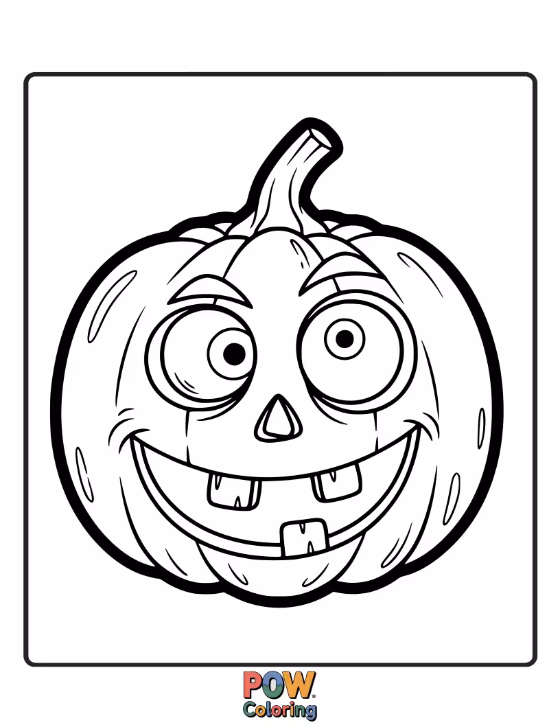 Free coloring page of A very simple pumpkin with a hilarious, exaggerated goofy grin and wobbly eyes.