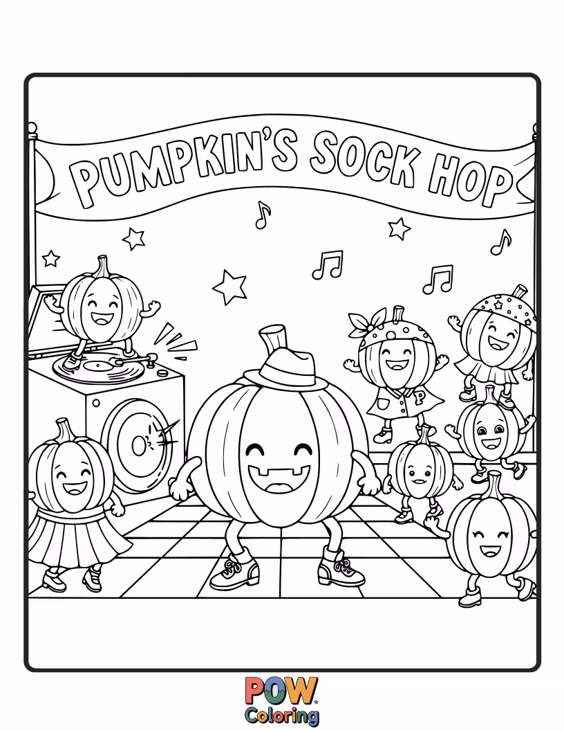 Free coloring page of A groovy pumpkin wearing a poodle skirt and saddle shoes, dancing the night away.