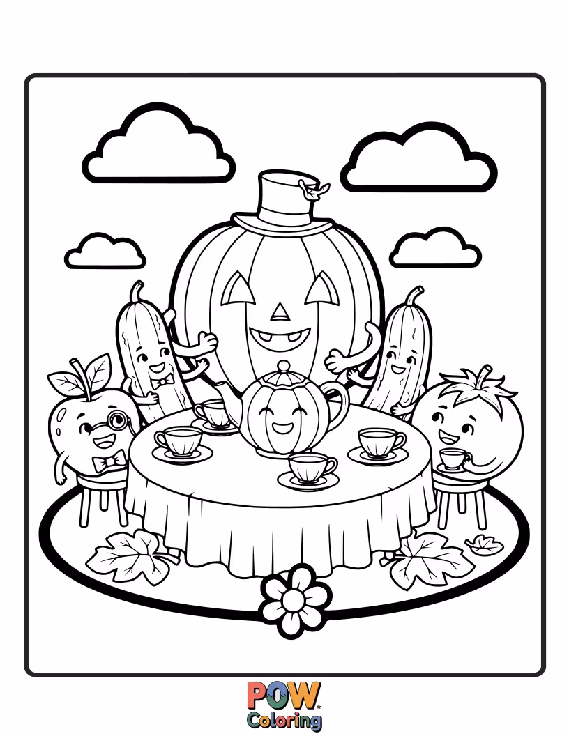 Free coloring page of A sophisticated pumpkin with a teacup, enjoying a fancy tea party with tiny cookies.